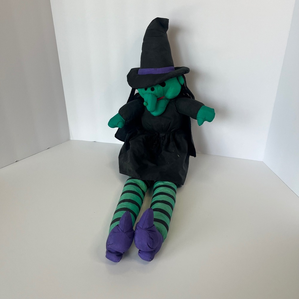 Vintage Halloween Plush Witch Doll Green Face Striped Legs Hanging Decor 27 Inch